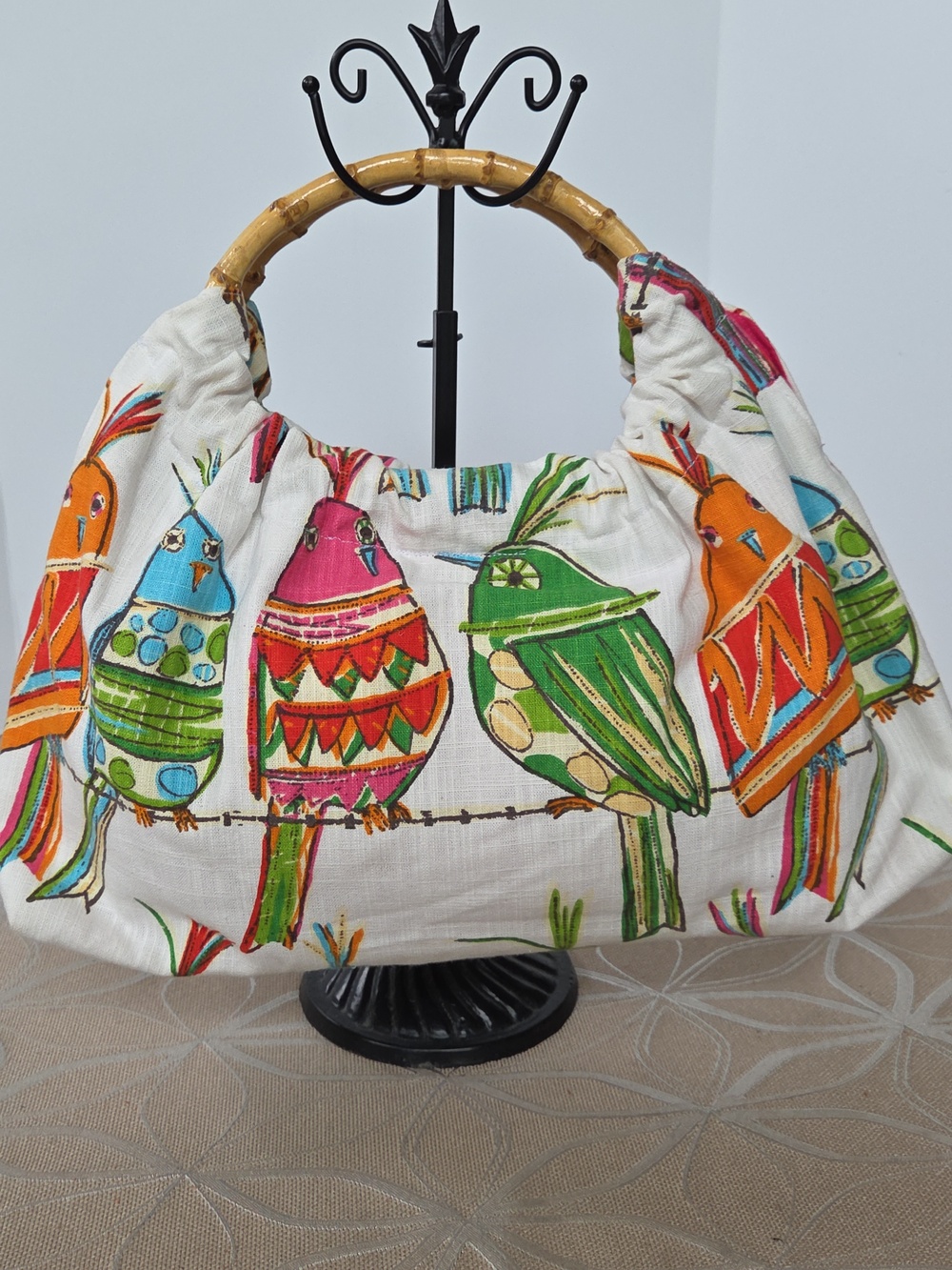 Vintage Bird, Cotton Barkcloth Handbag With Bamboo Handles!